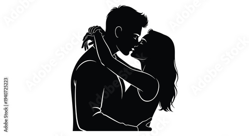 A romantic couple embraces intimately faces nearly touching creating a striking black silhouette high quality professional detailed modern elegant stylish clean
