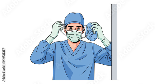 A healthcare worker in blue scrubs and a surgical cap putting on a face mask in a flat 2D style post pandemic health precaution illustration.