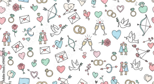 A vibrant illustration of wedding elements and love symbols scattered randomly in a playful pattern