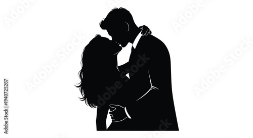 A couple embraces intimately heads close together in a tender moment presented as a striking silhouette high quality professional detailed modern