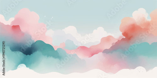 Beautiful fluffy heart shaped pink clouds float in the blue summer sky during a sunny sunset atmosphere