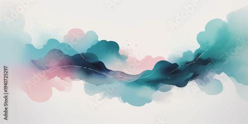 Hand painted abstract watercolor landscape featuring a blue sea horizon and summer sun clouds over ocean waves in a nature sunset design