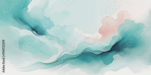 Abstract blue watercolor background of a light summer sky with white clouds and grunge paper texture reflecting a retro nature cloudscape