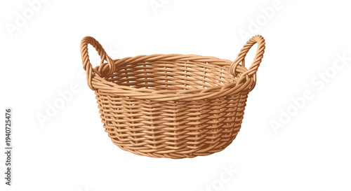 A round, light brown woven wicker basket featuring two integrated looped handles, presented centrally on a pristine white background.