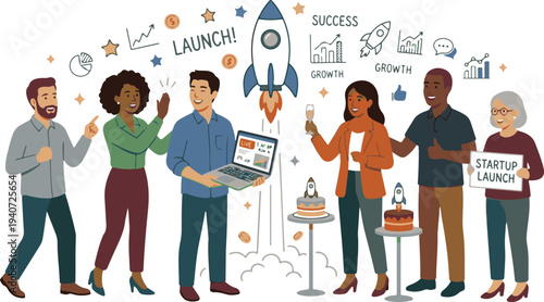 Successful Startup Team Celebrating Rocket Launch and Business Growth