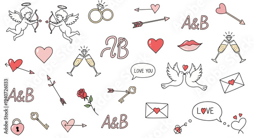 Assorted Valentine's Day elements including hearts, cherubs, and symbols of love arranged in a playful pattern on a plain background.