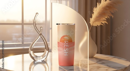 Modern tumbler with fresh design on marble table by window