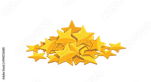A prominent, irregular pile of numerous golden stars, exhibiting various shades, is centrally mounded on a clean white background.