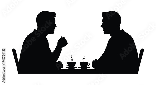 Two men are seated at a table appearing to converse over steaming drinks depicted as a silhouette high quality professional detailed