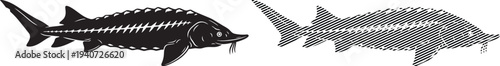 Two stylized fish illustrations facing opposite directions with crosshatch shading
