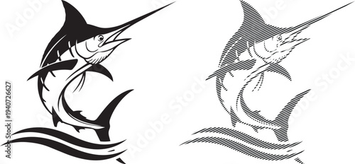 Two stylized illustrations of a marlin fish leaping above ocean waves