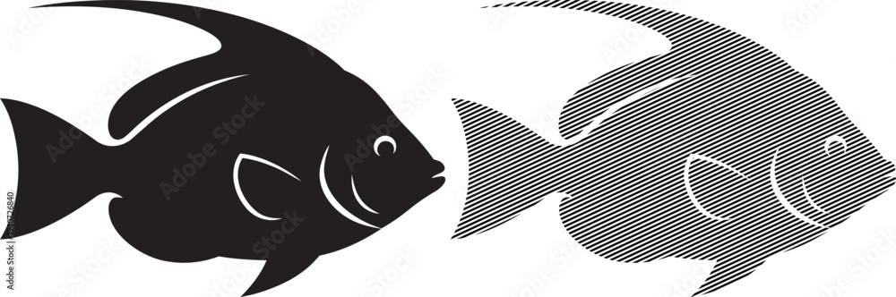 Fototapeta premium Two contrasting fish designs in black and white graphic style
