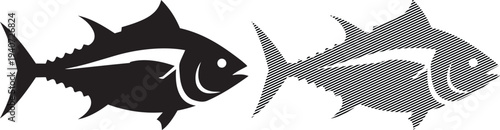 Two contrasting graphic depictions of tuna fish with different artistic styles