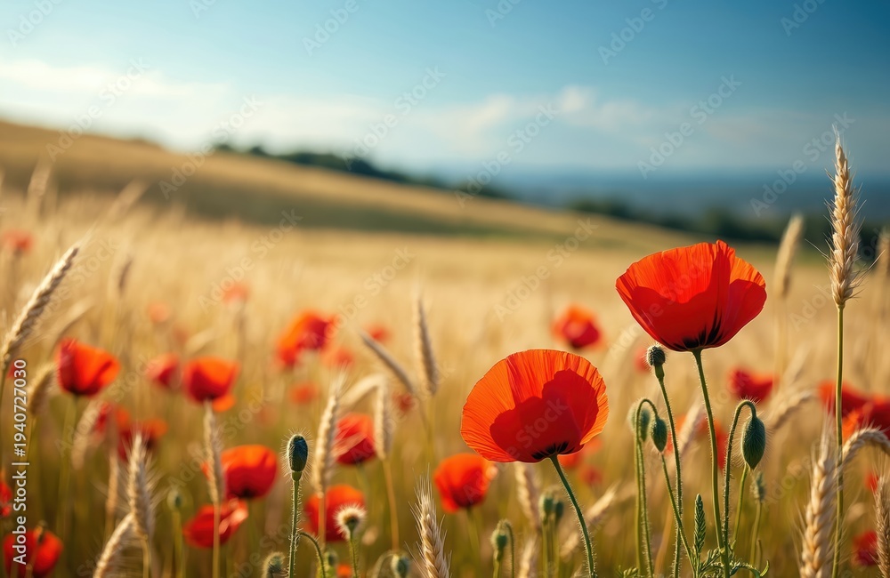 Obraz premium Field edge with ripe wheat and blooming red poppies under blue summer sky. Golden grain stalks sway gently. Nature scene offers peaceful rural landscape, sunlit farmland, organic growth.