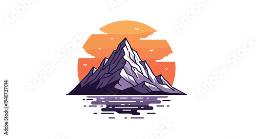 A stylized illustration depicts a jagged purple mountain peak reflecting in calm water against a vibrant orange and yellow layered sunset with birds.