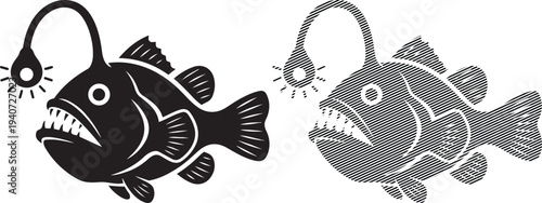 Contrasting styles of fish illustration with a hook and a crosshatch pattern