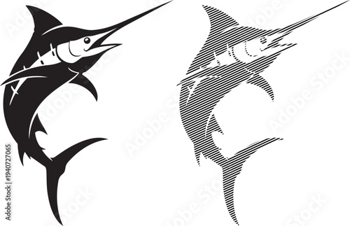 Two stylized illustrations of a marlin fish with distinct artistic patterns.