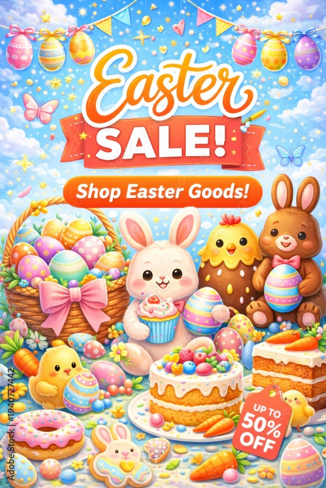 Obraz premium Easter sale banner with cute bunny eggs and festive sweets spring promotion