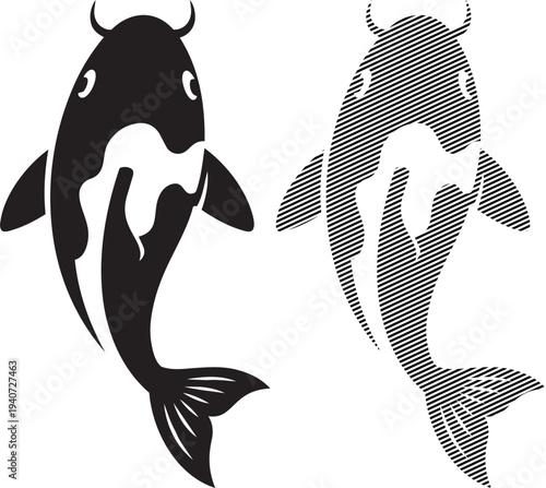 Contrasting stylized depictions of a whale and a dolphin