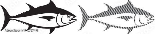 Two distinct styles of tuna fish depicted in a monochromatic illustration