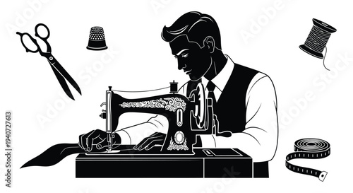 A stylish black silhouette of a tailor working at a vintage sewing machine with tailoring tools nearby silhouette high quality professional