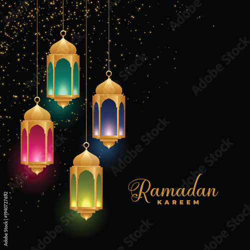Ramadan Kareem Islamic crescent moon watercolor background design, Eid Mubarak.