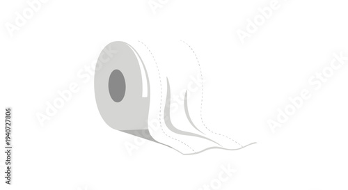 A single roll of white toilet paper with a grey cardboard core is depicted lying on its side on a plain white background.