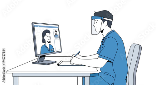 A healthcare worker in blue scrubs and a face shield sits at a desk, using a computer and taking notes in a flat 2D style, post pandemic.