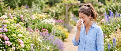 Young woman sneezing into a tissue in a flower garden. Seasonal allergy and hay fever concept