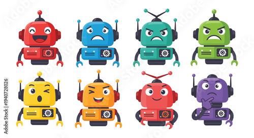 A colorful arrangement of eight robotic figures displaying various emotions creating a playful and futuristic scene silhouette high quality professional