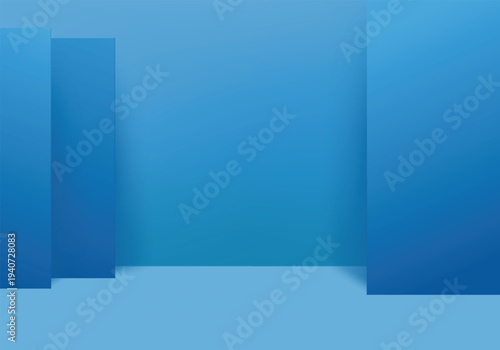 Blue studio room. Limbo light background. Abstract 3d backdrop for product presentation. Minimal wall scene. Showcase, promotion display. Vector stage mockup illustration