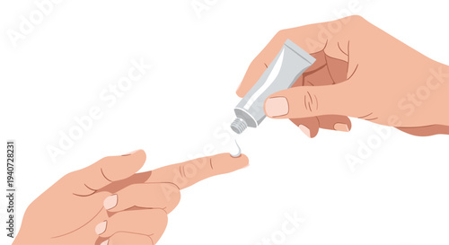 An illustrated pair of hands demonstrates squeezing white cream from a grey tube onto an index finger against a plain white background.