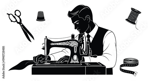 A vintage black and white depiction of a tailor working at a sewing machine showcasing craftsmanship silhouette high quality professional detailed