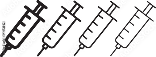 Syringe injection icons big set. Simple black stroke line  Vaccine injection icons.