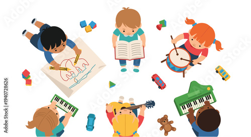 A vibrant group of six diverse children is depicted from an overhead perspective, engaged in creative and musical activities with toys.