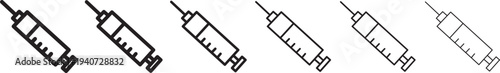 Syringe injection icons big set. Simple black stroke line  Vaccine injection icons.