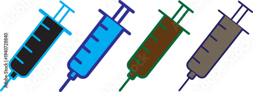 Syringe injection icons big set. Simple black stroke line  Vaccine injection icons.