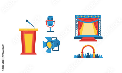 Vibrant stage setup with podium, microphone, and camera for live events