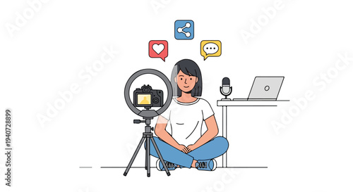 A young woman sits cross-legged on the floor with a ring light and microphone, recording a social media video in a flat 2D style, conveying influence and media presence.