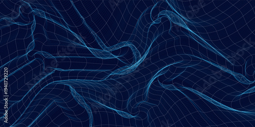 Abstract blue motion design background featuring dark wave lines and glowing energy rays in a digital space illustration with light beams and plasma textures