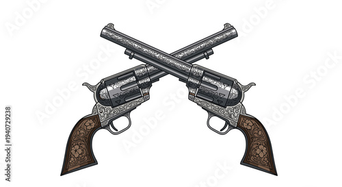Two intricately engraved silver revolvers are depicted crossed over each other on a clean white background, showcasing detailed scrollwork and wooden handles.