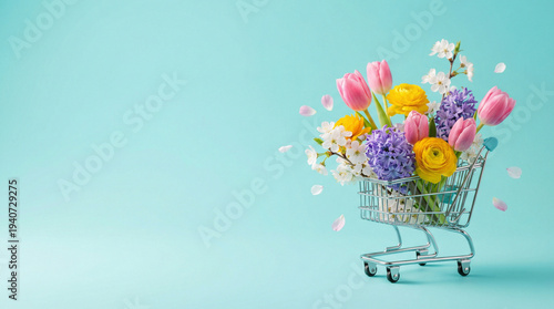 Colorful flowers arranged in shopping cart on pastel blue background  