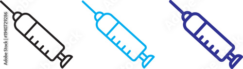 Syringe injection icons big set. Simple black stroke line  Vaccine injection icons.