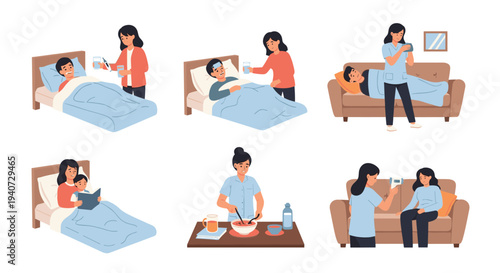 Six distinct vignettes illustrate a caregiver attending to a sick individual, administering medicine, preparing food, and checking temperatures on a white background.