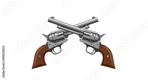 Two sleek silver revolvers are shown crossed in an 'X' formation on a stark white background, featuring smooth barrels and light brown wooden grips.