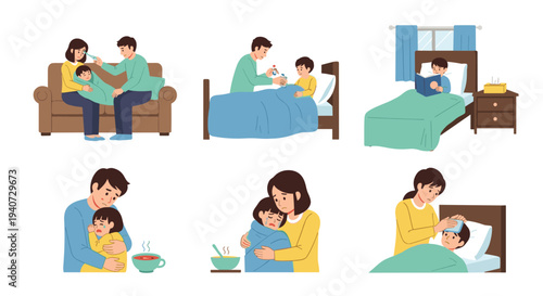 Six separate vignettes depict a parent diligently caring for a sick child, administering medicine, offering comfort, and applying a cold compress on a white background.