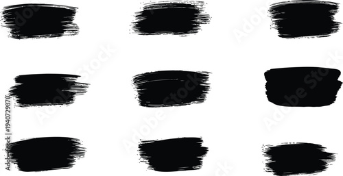A collection of nine black brush strokes on a white background for artistic design