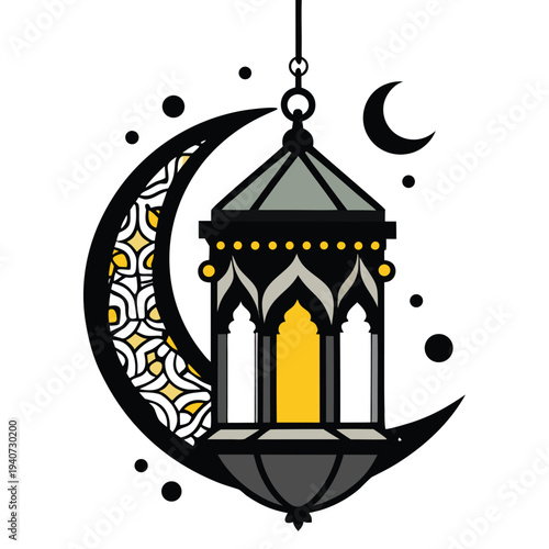 Ramadan Fanous Lantern Silhouette with Crescent Moon Traditional Islamic Vector
