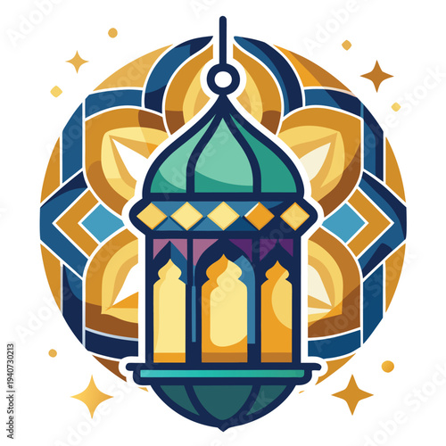 Islamic Lantern Icon with Crescent Moon and Arabesque Pattern Ramadan Vector