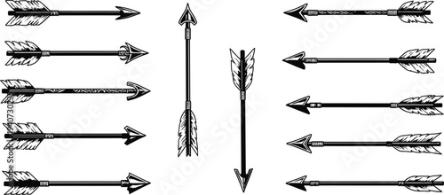 A collection of 14 black and white illustrations of arrows with various arrowheads and shafts on a white background